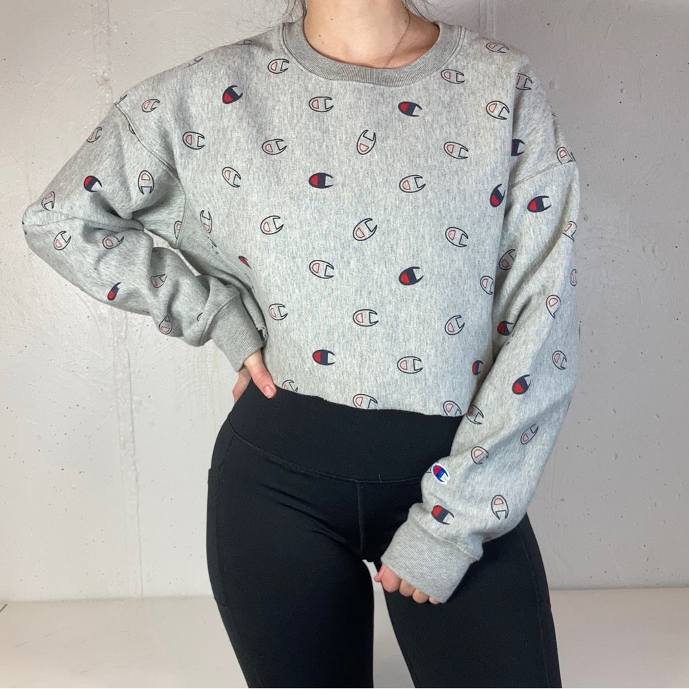 Cropped Gray Champion Reverse Weave Logo Crewneck Sweatshirt
